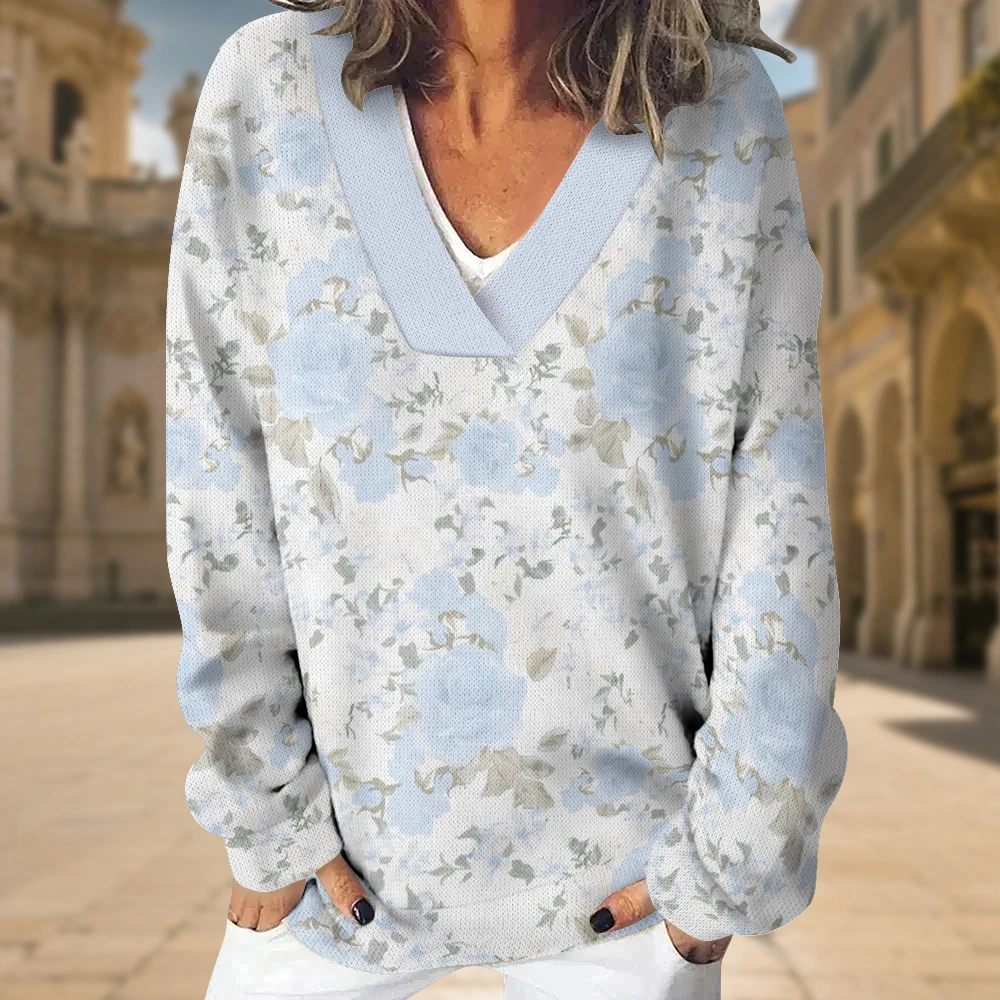 Felpa floreale Boho da donna Elegante pullover a maniche lunghe con scollo a V con fiori rosa blu Streetwear vintage Top oversize accoglienti