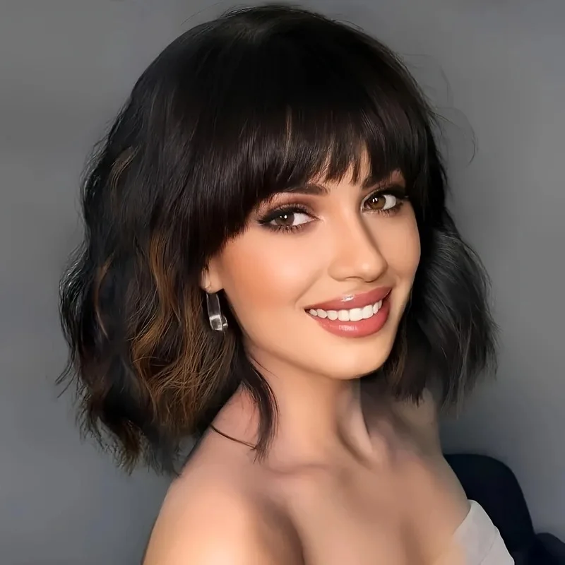 Black Brown Water Ripple Short Curly Hair Synthetic Wig Breathable Inner Net for Women Daily Party Shopping Wear