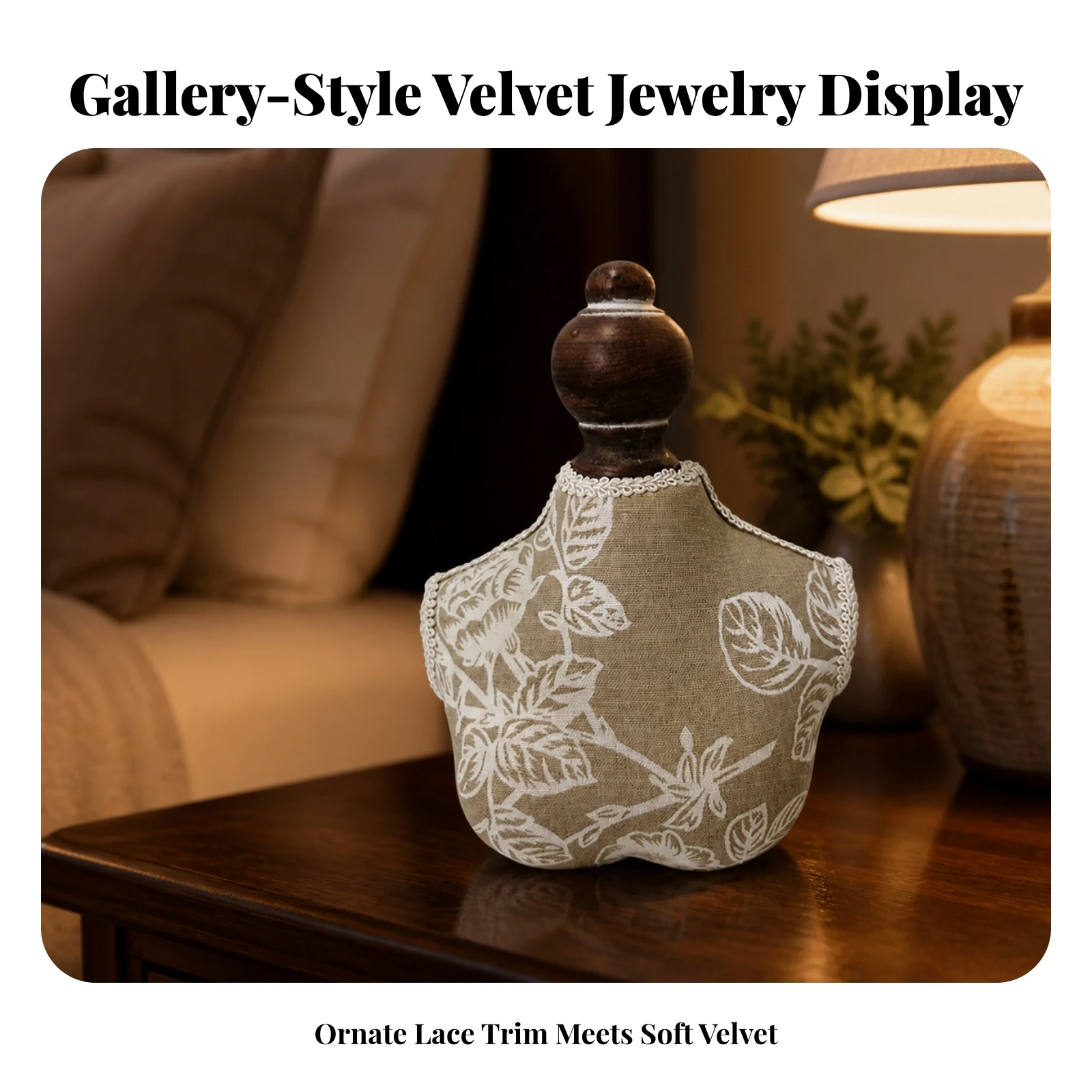 Tabletop Jewelry Display Bust Vintage-Inspired clothCovered Jewelry Bust with Floral Pattern Compact Stable for Showcases
