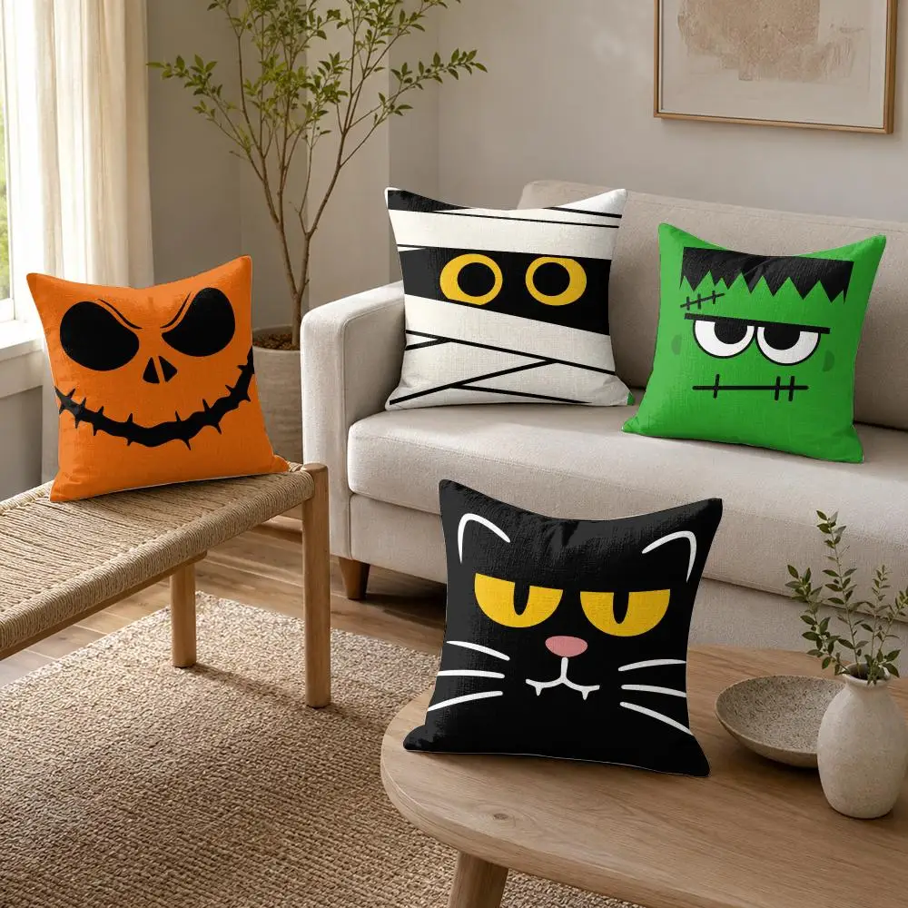 Halloween ghostly Cushion Cover Organic Linen Throw Pillow Cover - Double-Sided Print Breathable Cushion Case Home Decor