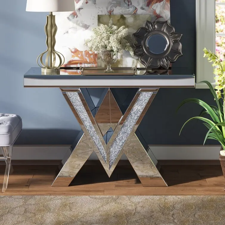 bc-Luxury Silver V-Shape Mirrored Console Table Crushed Diamond Insert Modern Design Hallway Entry Hotel Apartment Living Room·