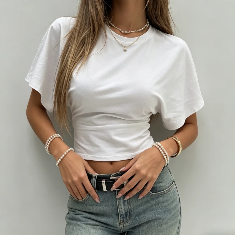 2026 Women T-shirt Street Style O-neck Short Sleeved Summer Blouse New Solid Color Loose Top Casual Waist Shirt Y2K Street Top