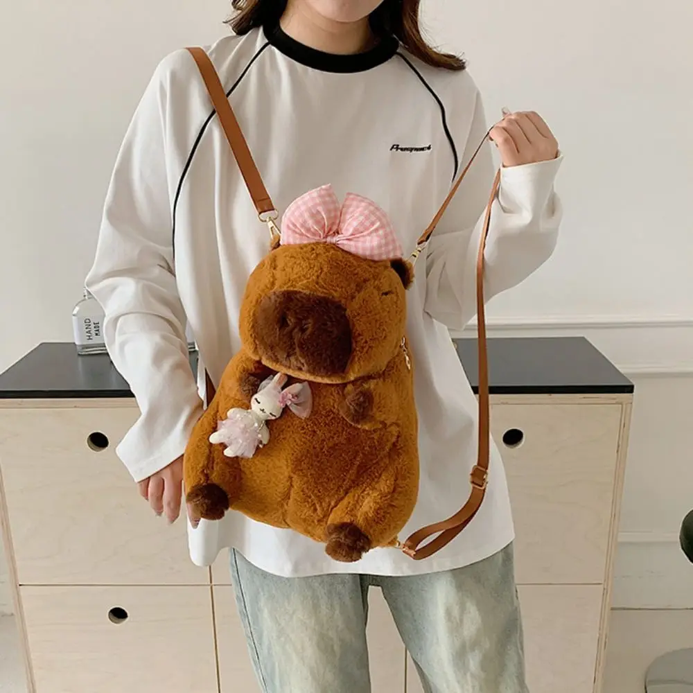 Sac à dos en peluche Lolita Capybara avec nœud papillon et fermeture éclair, sac à main en peluche, sac d'école initié, porte-monnaie, beurre d'animaux