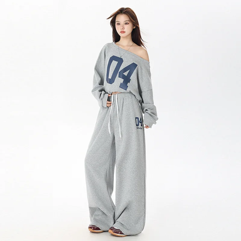 

American Retro Letter Print Casual Sweatshirt Spring Autumn New Off-Shoulder Sweatshirt Fashion Sports Set