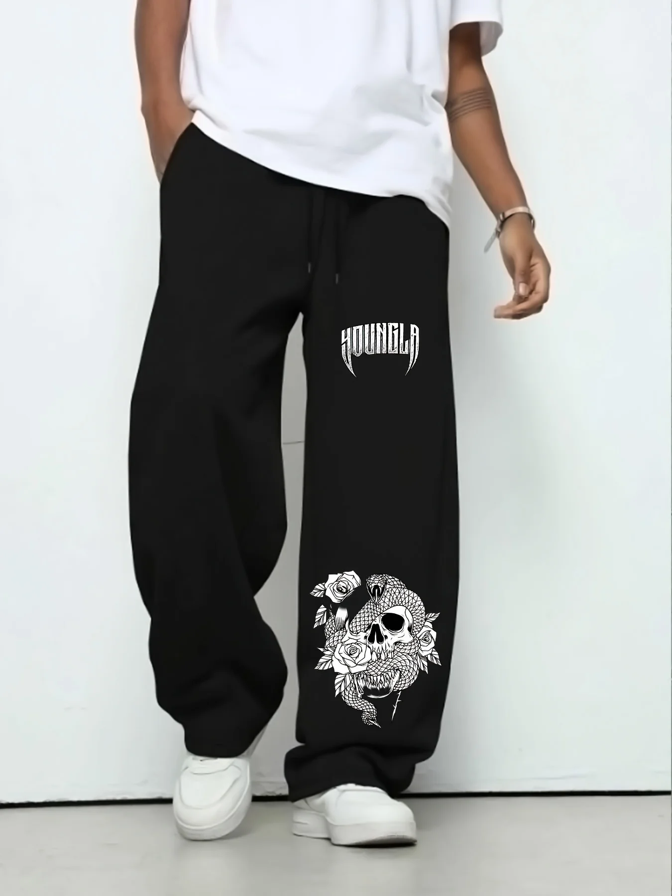 Men's Autumn Straight-Leg Fleece Sweatpants Gothic Print Casual Stylish and Versatile Suitable for Sports and Daily Wear