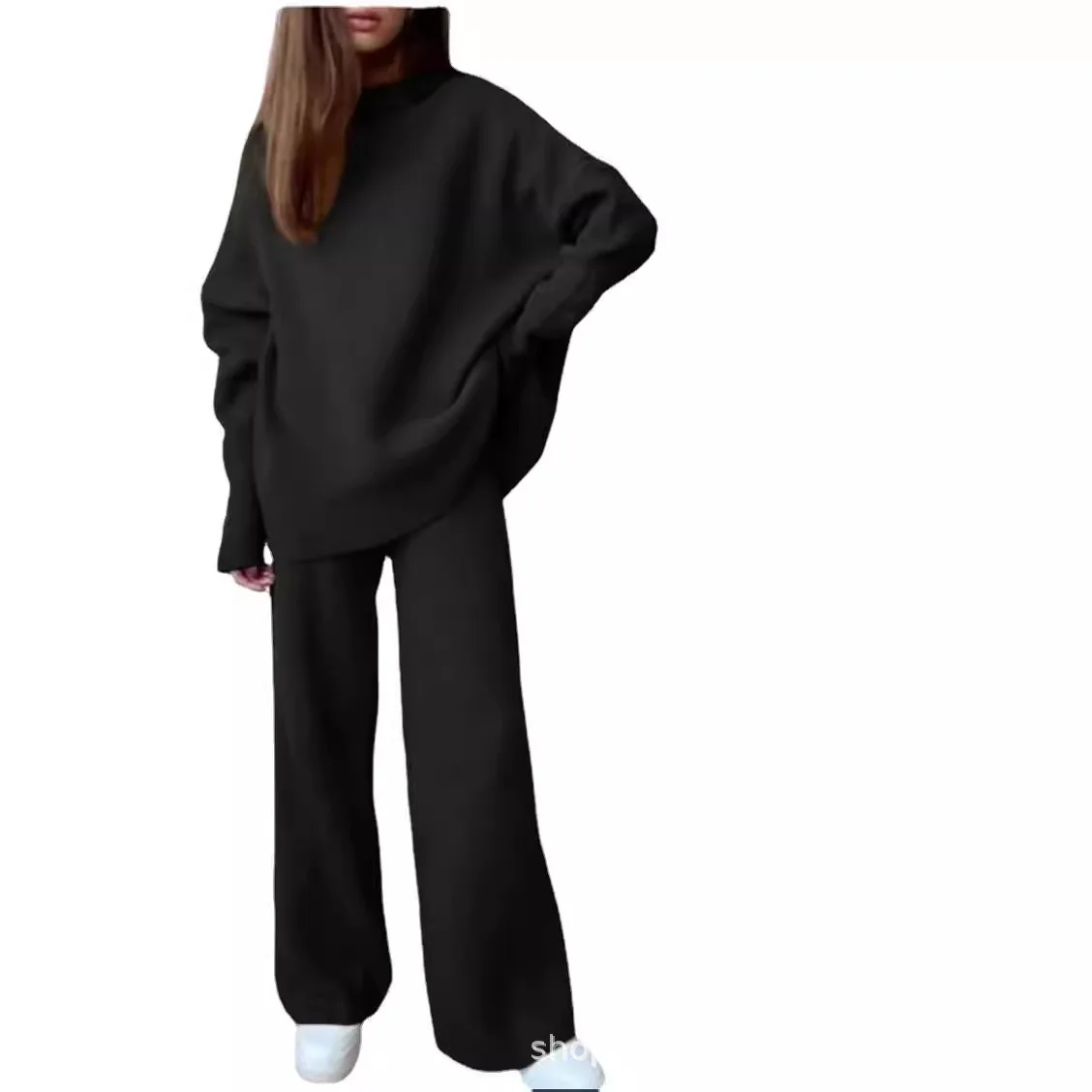 Automne hiver polyvalent col rond couleur unie costume femmes à manches longues hauts Pantalon à jambes larges Conjunto Dos Piezas Mujer Pantalon