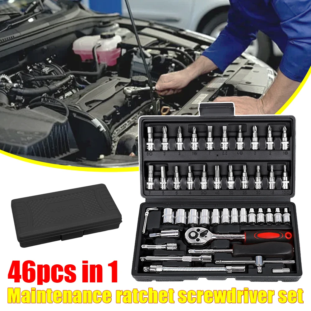 

46pcs Auto Repairing Set Mechanic Tool 1/4-Inch Socket Set Car Repair Tool Ratchet Torque Wrench Combo Car Repair Tool Kit