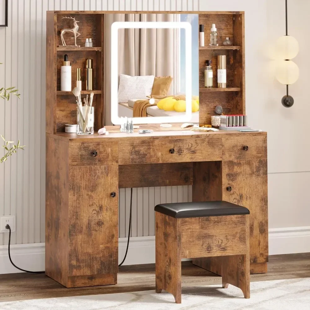 

Vanity Desk Set with Large LED Lighted Mirror & Power Outlet, 7 Drawers Vanities Dressing Makeup Table with Storage Bench