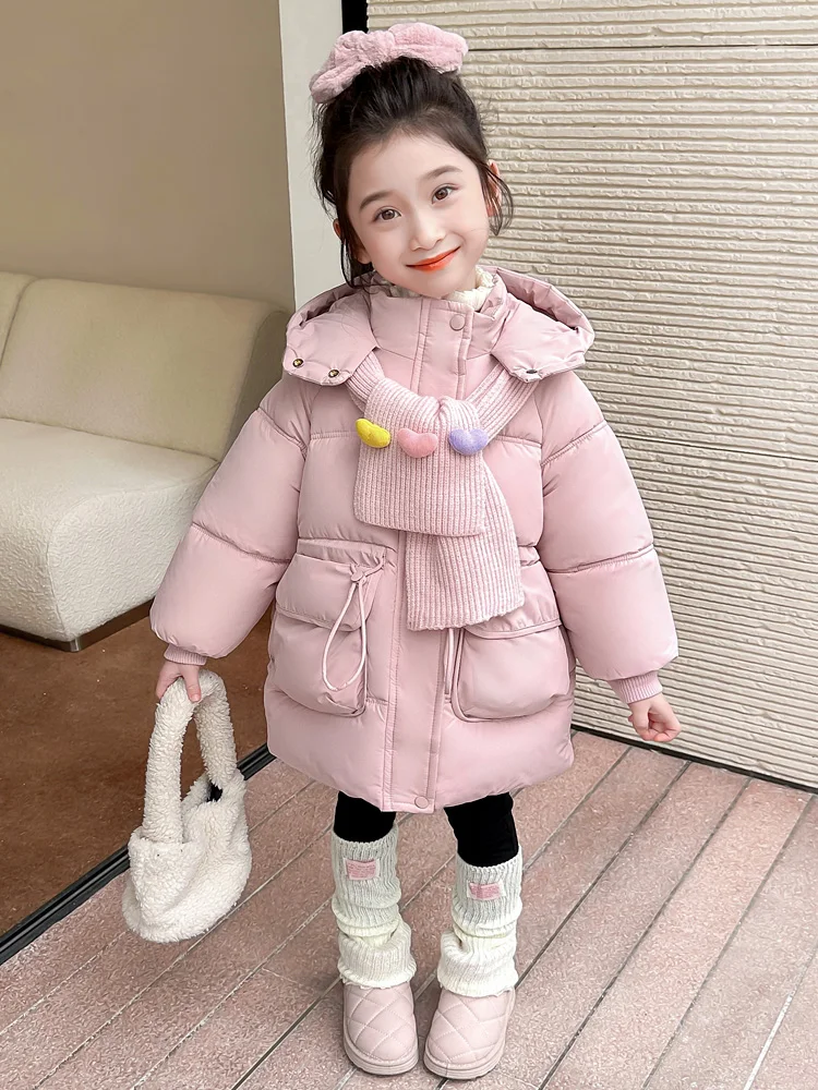 

Хлопковое жакет средней длины на подкладке с веревкой и сердечками, теплое зимнее пальто для маленьких девочек, новинка 2023 года, Sle