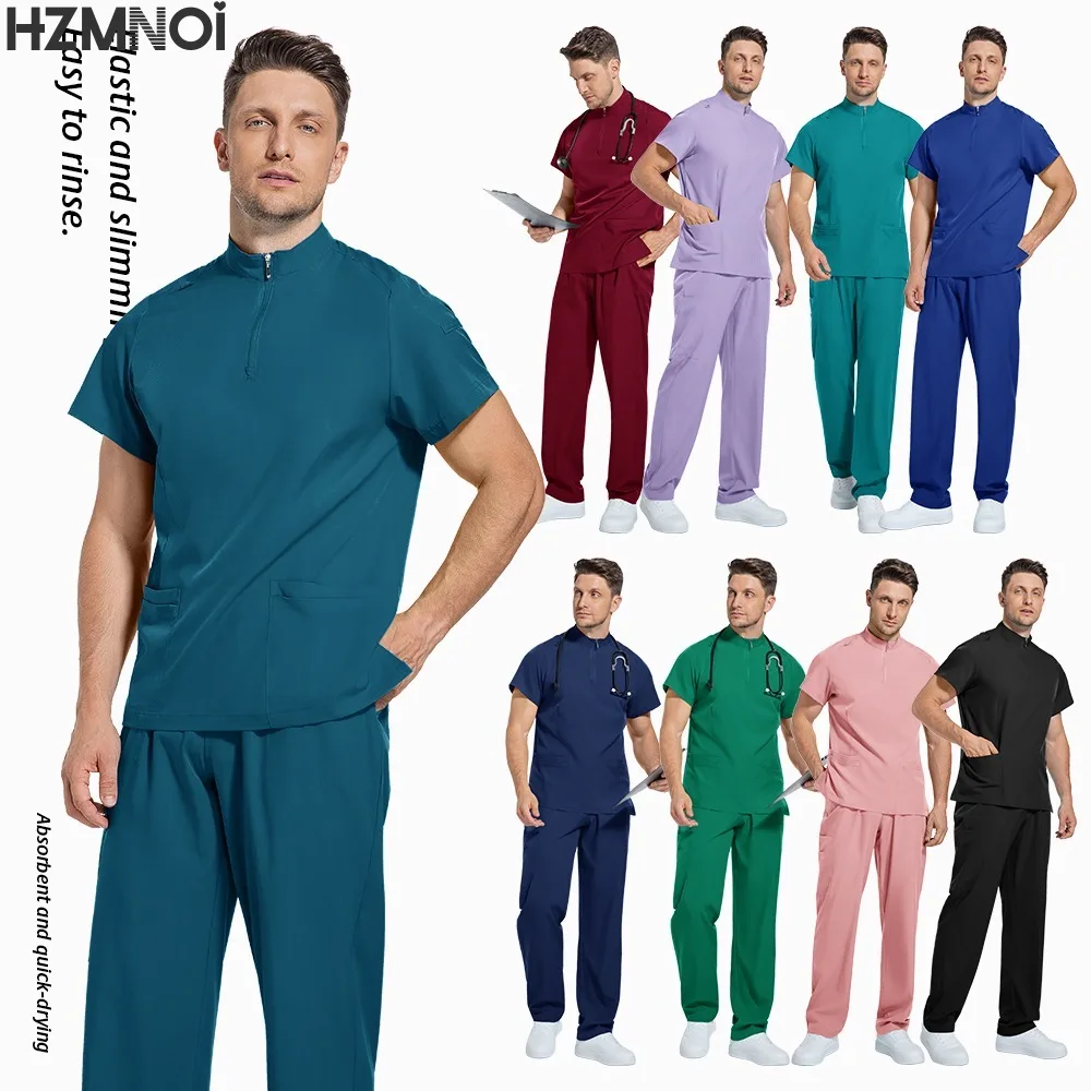 Medical Scrubs Uniform Women Nurse Zipper Scrub Set Pocket Tops Pants 2 Piece Surgical Suits Operating Suit Nursing Work Clothes