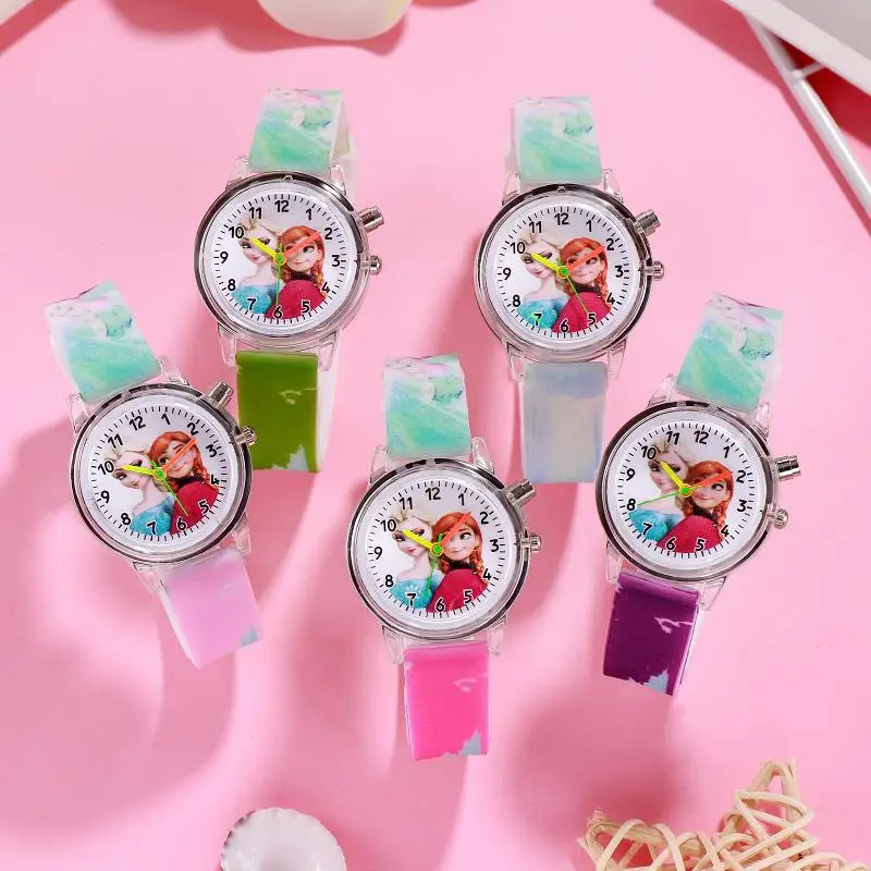 Disney Cartoon Frozen Princess Elsa children watches Colorful Led Light Watch Girls Kids Gift  Wristwatch Sports silicone strap