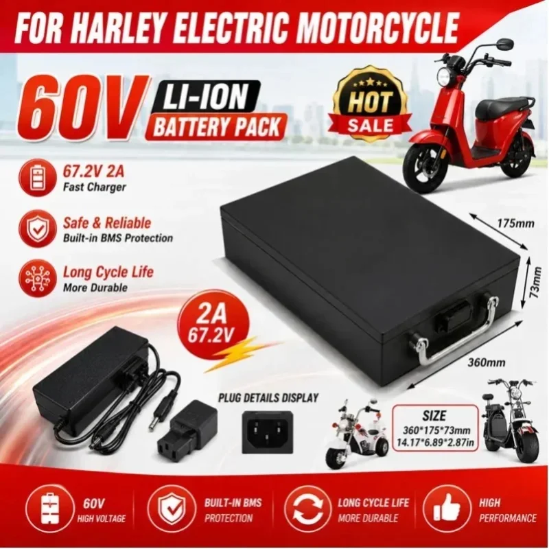 60V 40Ah Li-Ionen-Akku für Elektromotorräder, 2000W, passend für Harley, faltbarer Citycoco-Elektroroller, inklusive Ladegerät.