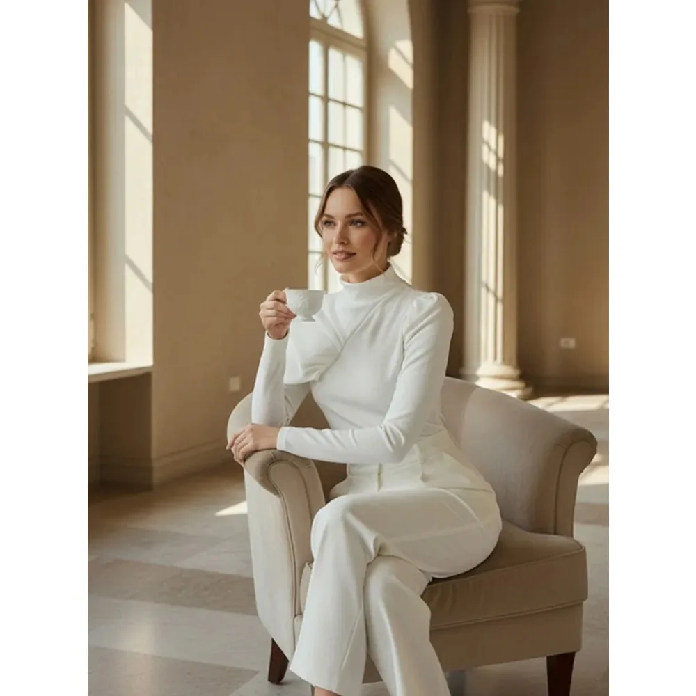 Greenora 2026 New Women's High Neck White Tops Asymmetrical Twist Front Long Sleeves Loose Fit Elegant Party Office T-shirts