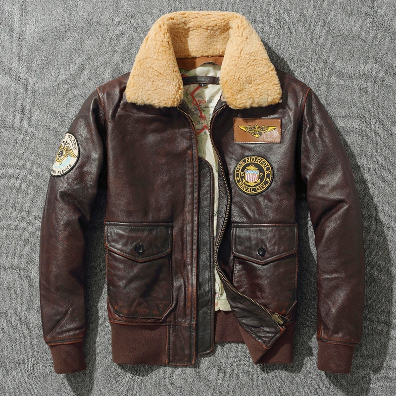 Cow Leather Pilot Jacket Men Brown Military Style