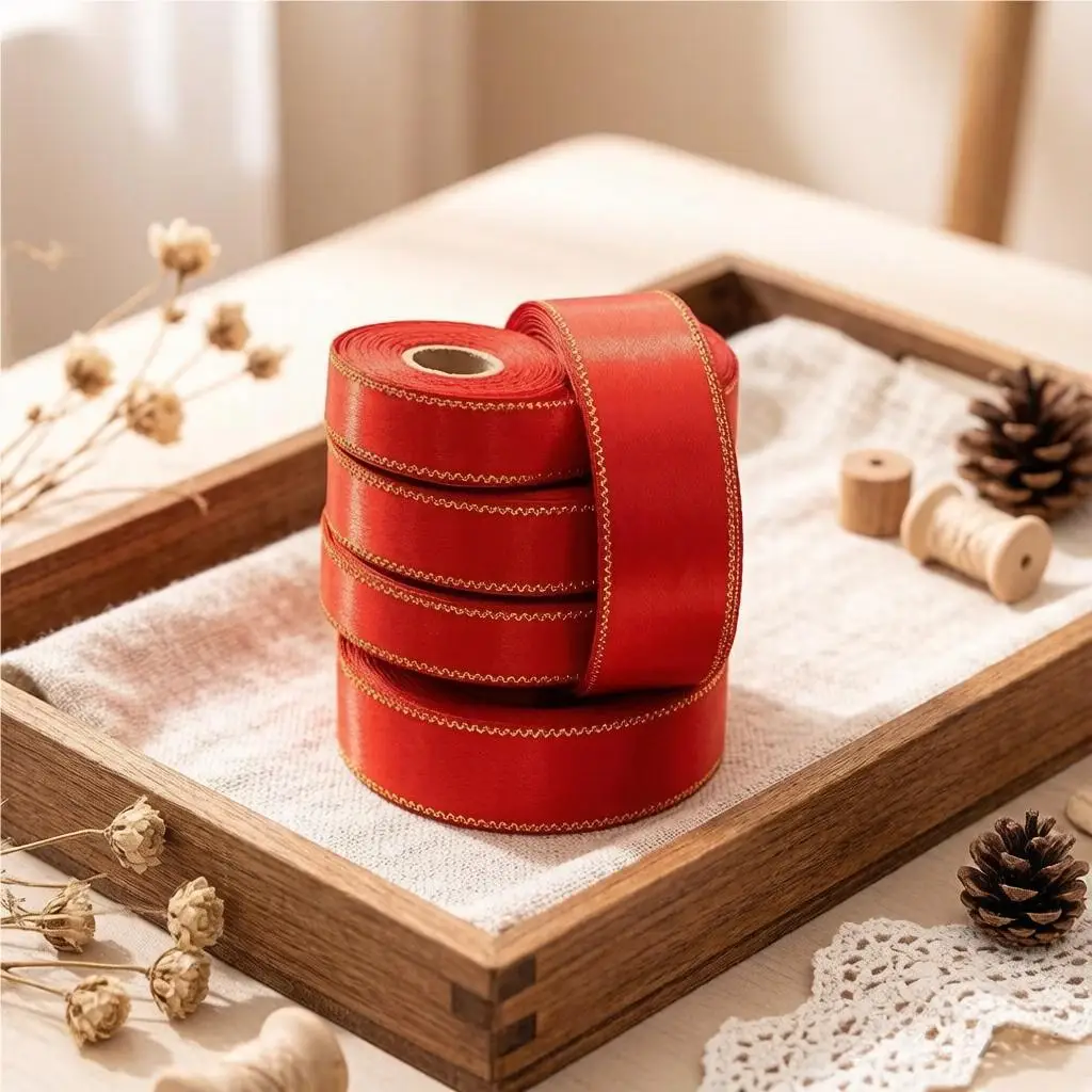 (25 Yards/rouleau) Ruban en satin rouge à bordure dorée de haute qualité pour emballage cadeau, mariage, festival, célébration