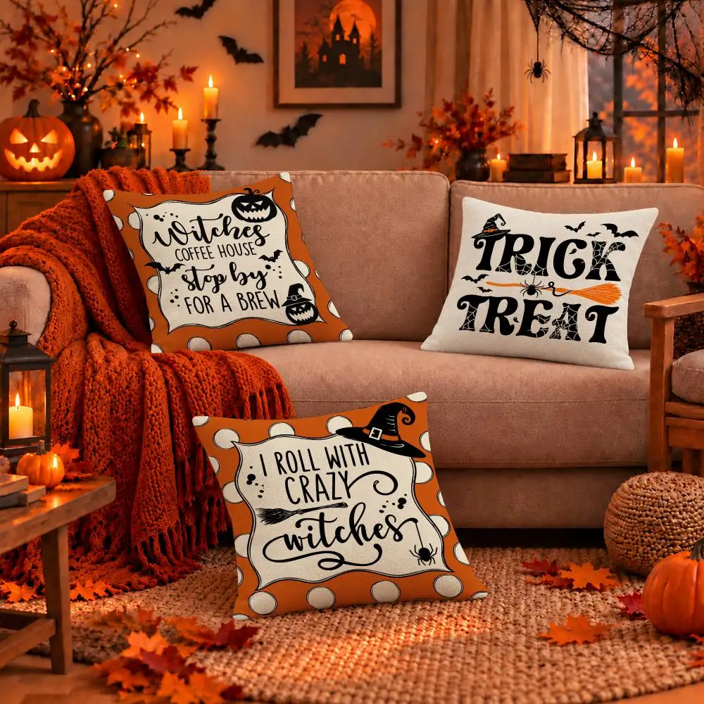 Art Halloween Spooky Farmhouse Typography Cushion Cover Dark Gothic Plush Pillow Covers for Sofa Bedroom Home Decor