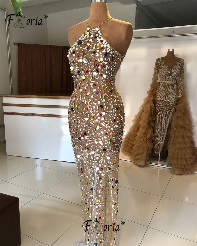 

Luxury Arabic See Through Evening Dress Mermaid Halter Crystal Beads with Multi Color robe soiree femmes Slit Red Carpet Gowns