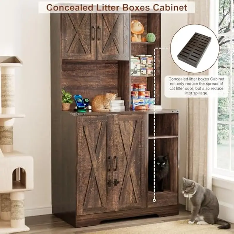 Tall Wooden Cat Enclosure 71 Inches High with Built-In Power Outlets USB AC Ports Open Shelf Storage Secure Locking Door Pet Was