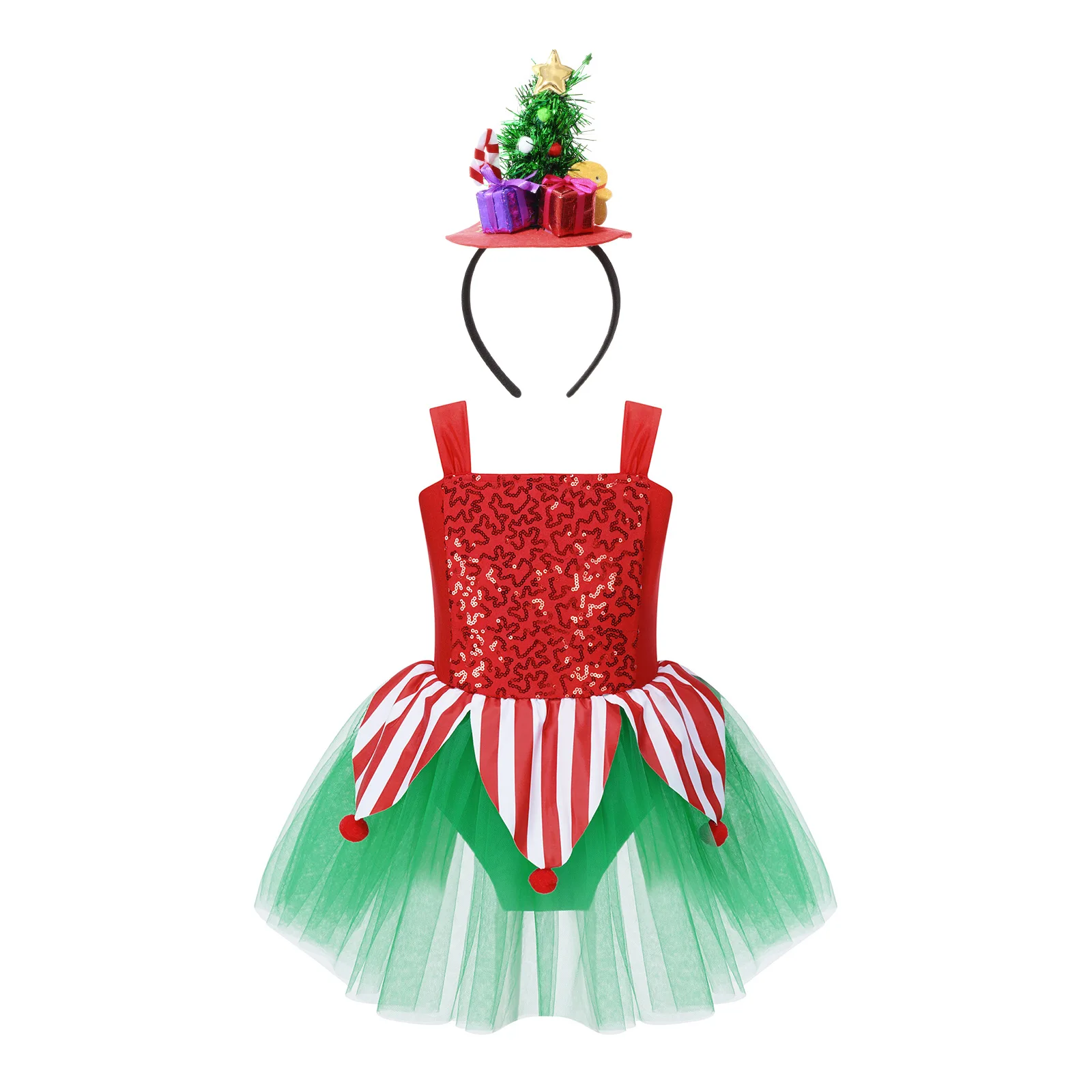 Girls Christmas Ballet Performance Costume Leotard Dresses Sleeveless Sequin Pompom Tutu Dress with Hair Hoop Set for Halloween