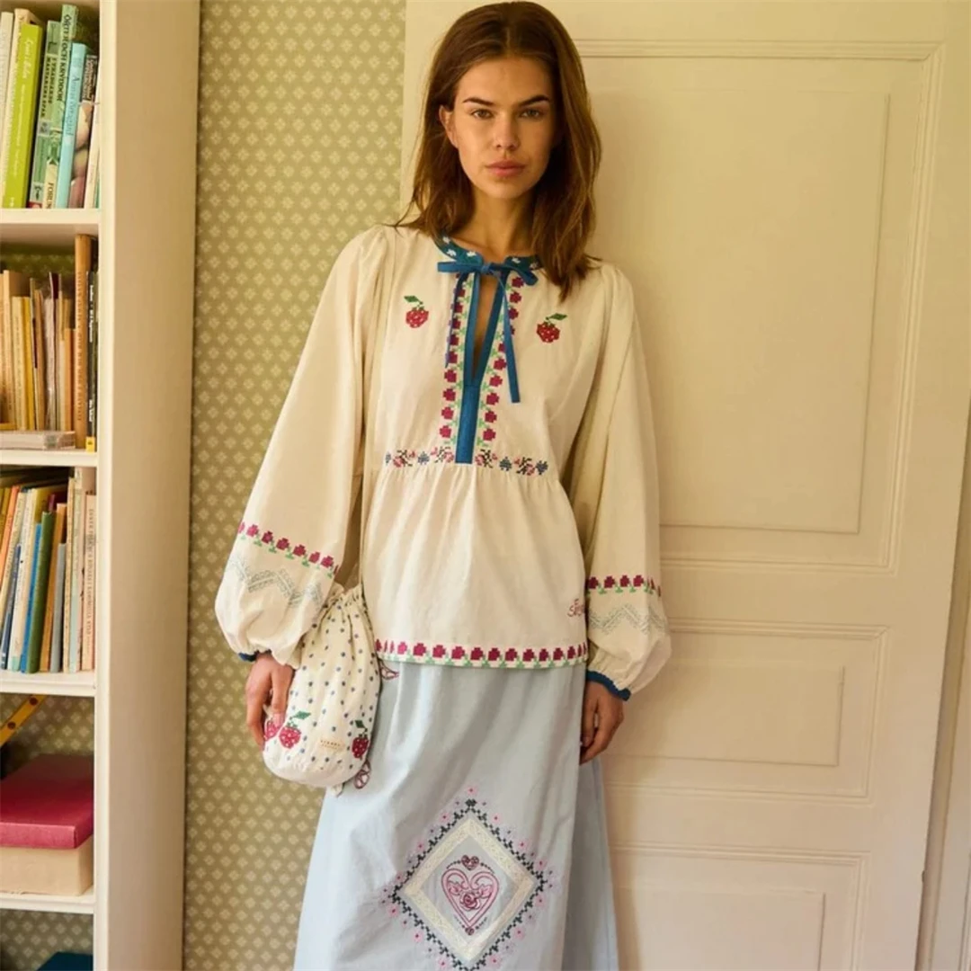 

French Style Embroidered Floral Cotton Shirt Country Style Women's Loose Fit Long Sleeve round Neck Top by Pong Xia