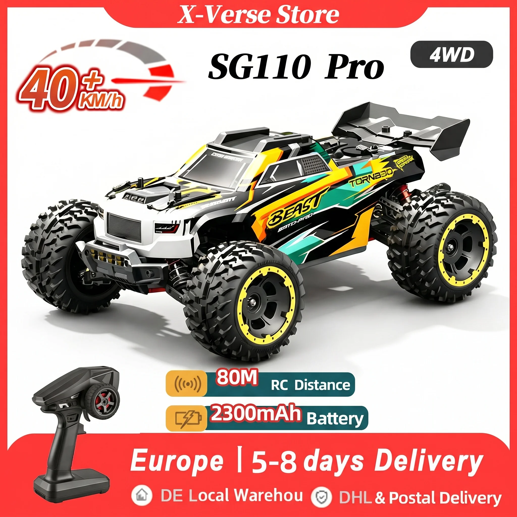 4WD RC Drift Auto 40KM/H Hochgeschwindigkeits-RC-Auto 2,4GHz 550 Motor, 1:10 RC Rennwagen Offroad-Truck mit LED-Licht