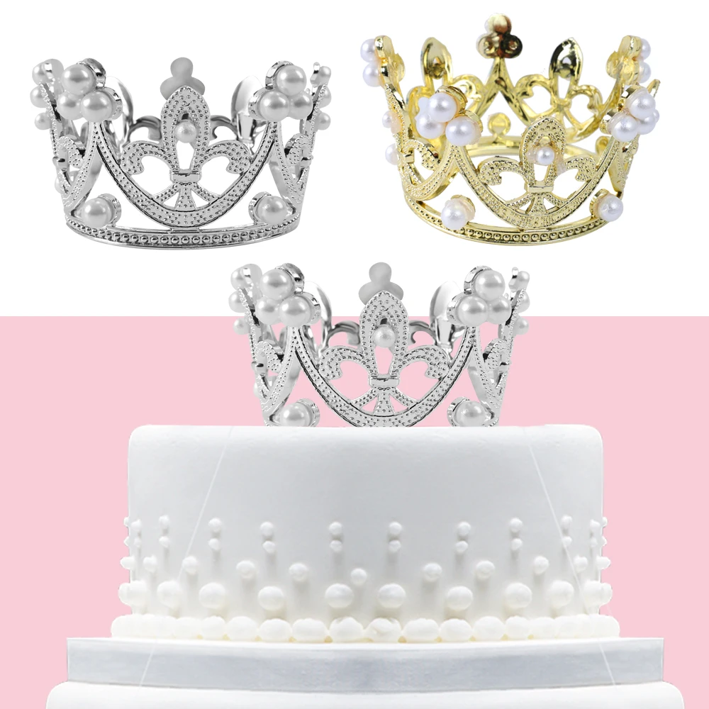 1Pcs Mini Crown Cake Topper Decor Romantic Pearl Garland Happy Birthday Children Hair Ornament Wedding Cake Decor Party Supplies