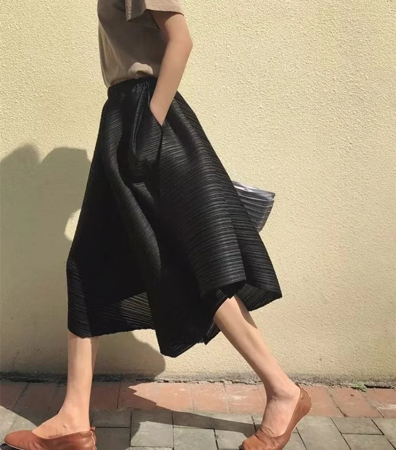 2026 New Summer Miyake Style Pleated Culottes Irregular Skirts Women Elastic High Waisted Korean Loose Wide-leg Pants