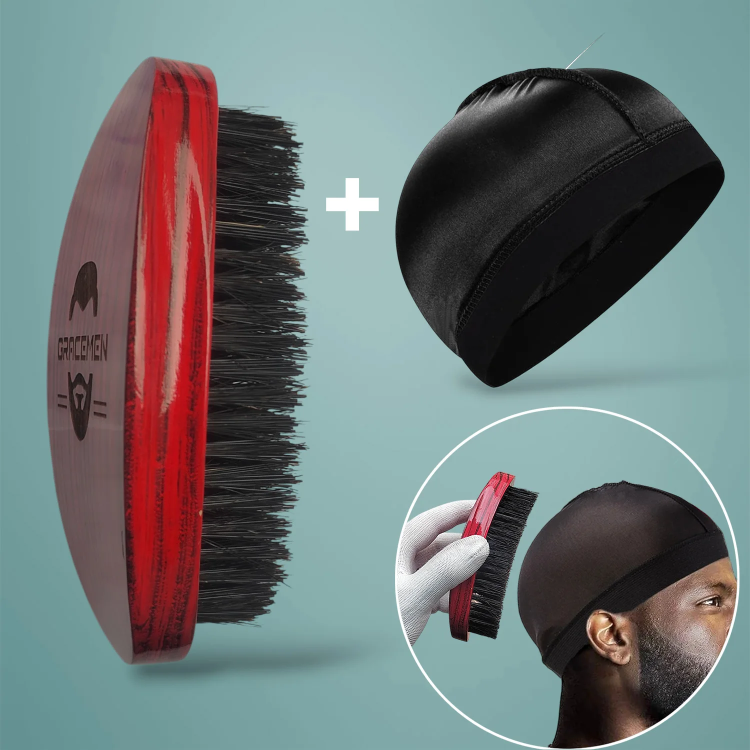 Szczotka do włosów Gracemen 360 Wave dla mężczyzn z czepkiem do stylizacji na włosy typu silky wave - Idealna również do pielęgnacji brody, zakrzywione włosie z dzikaśki o średniej sztywności