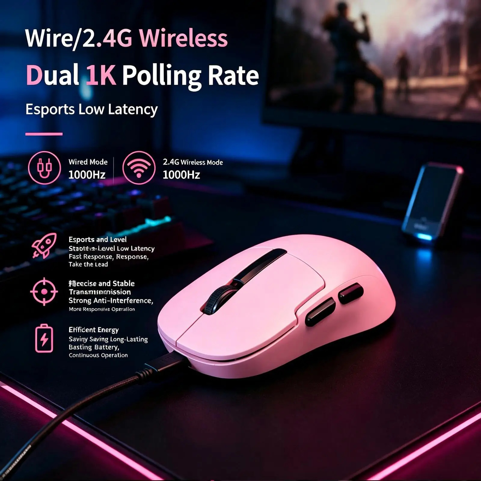 Tri-Mode Gaming Mouse Wired+2.4Ghz+Bluetooth 1000Hz 1K Polling Rate Rechargeable Ergonomic Mice with RGB Magnetic Charging Dock