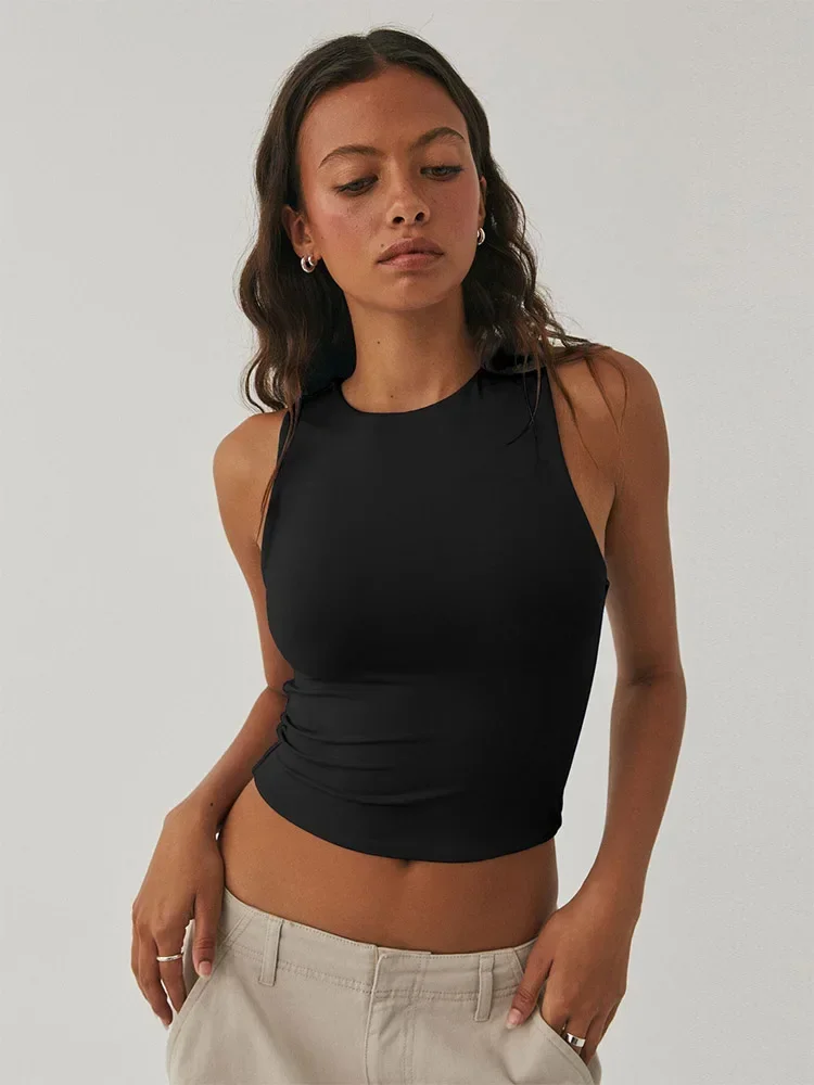 

Sleeveless Tight Bottomed Shirt with Round Neck Racerback Top Basic Solid T Shirts Women Slim Off-shoulder Camisole Tees