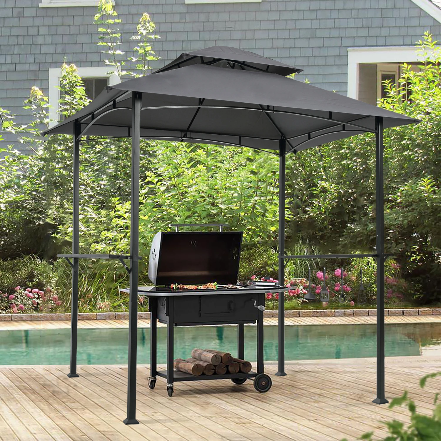 

Outdoor Grill Gazebo 8x5 Ft with Double Tier Canopy and Steel Frame, Grey