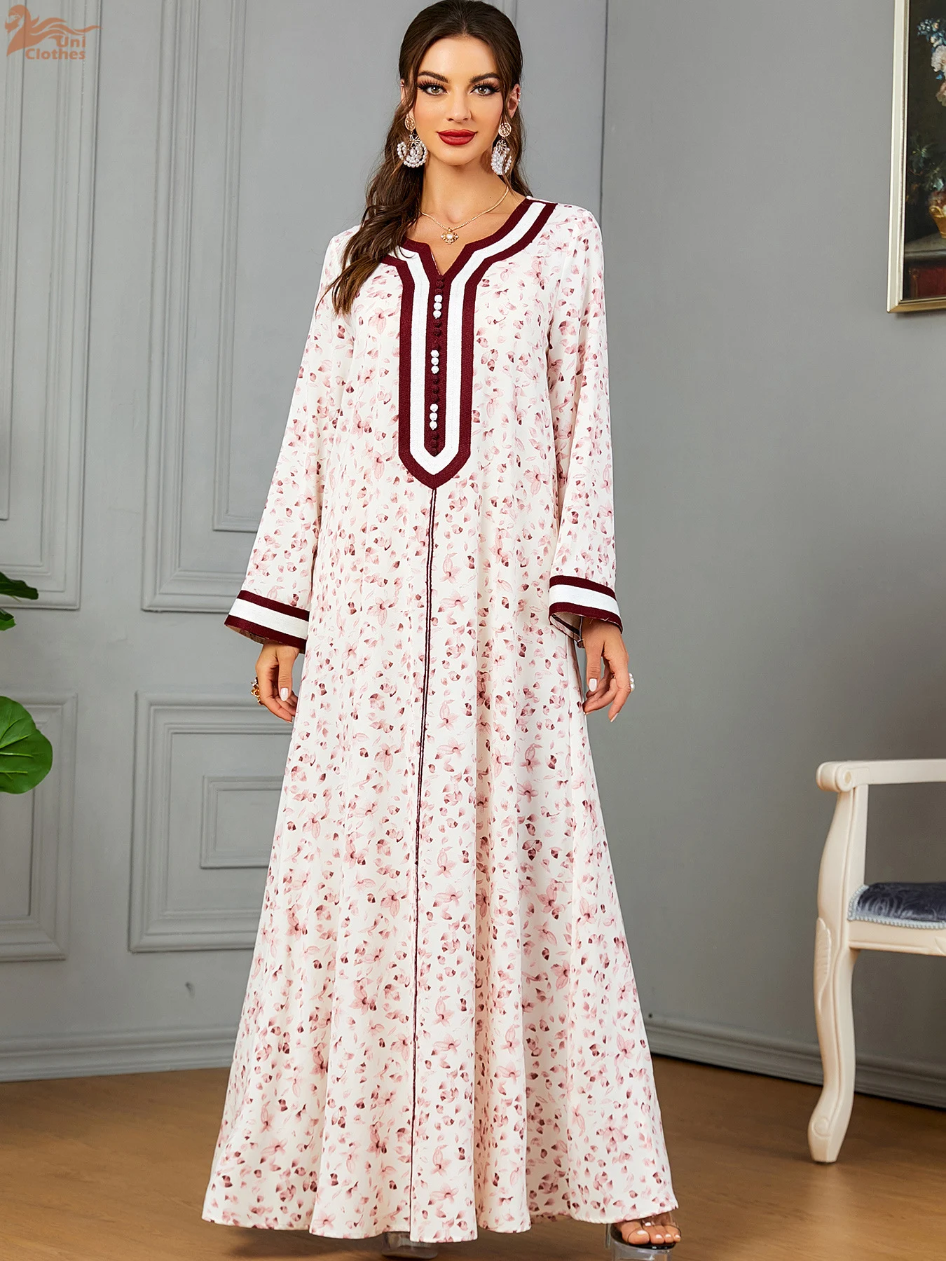 Uni Fashion Arabic Robe Jalabiya Notched V-Neck Floral Dress For Muslim Woman Dubai Moroccan Elegant Casual Loose Abayas