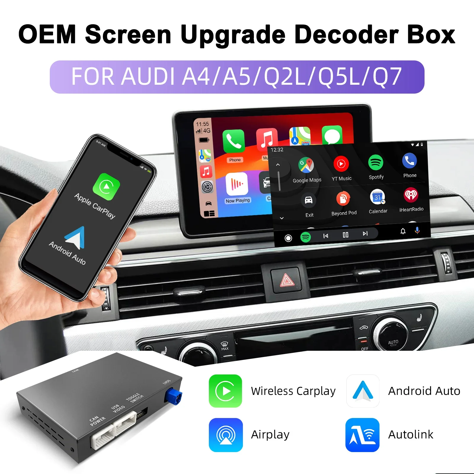 صندوق فك ترميز التحديثية التلقائي CarPlay Android اللاسلكي لأودي A4 A5 Q2L Q5L Q7 2014-2022 نظام MIB شاشة 7/ 8.8 بوصة ترقية OEM