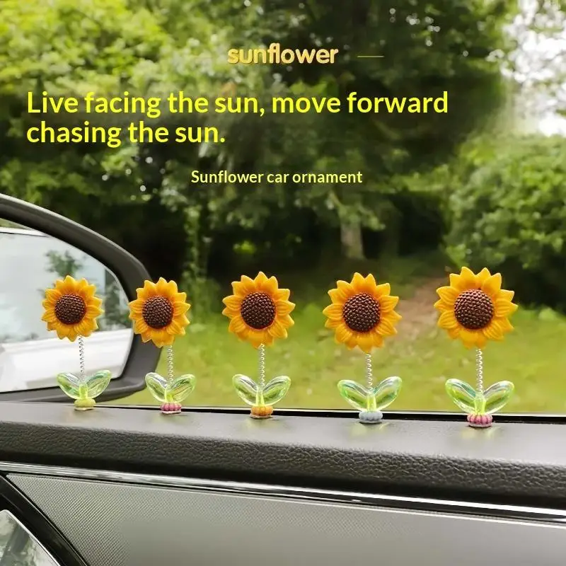 Creative Fresh Sunflower Shaking Head Car Decor 5Pcs Cute Ornaments For Center Console Rearview Mirror Auto Interior Decoration