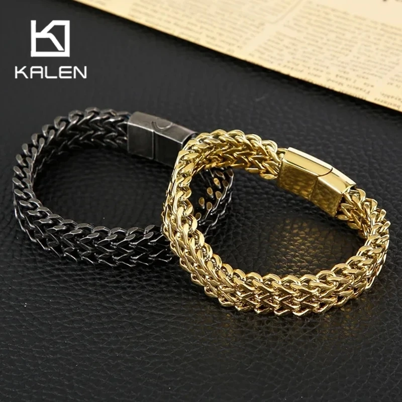 KALEN Simple Double Mesh Link Chain Bracelet for Men Women Punk Personalized Flat Stainless Steel Jewelry 18-22CM Chunky Gift