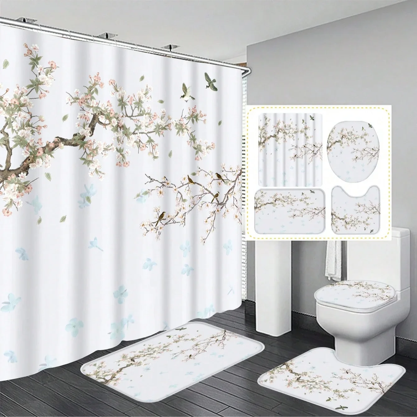 4pcs Modern style printing Shower Curtain Set With 12 Hooks, Anti-Slip Bathroom Mat, U-Shaped Toilet Rug, Bathroom Curtain Set