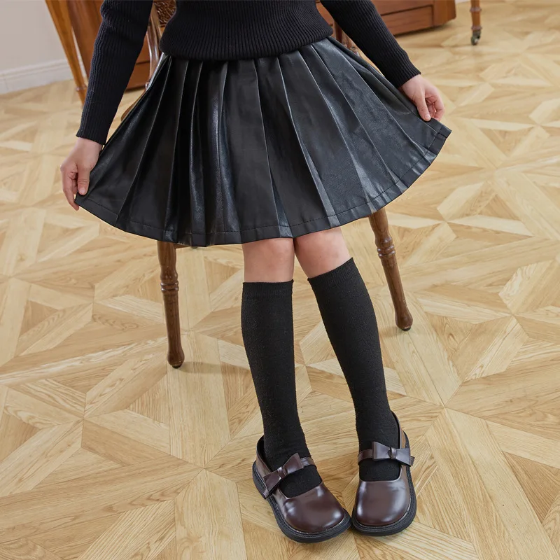 Girls PU Leather Pleated Mini Skirt with Elastic Waist A-Line Short Skirt for Kids School Daily Wear 4-13 Years Old