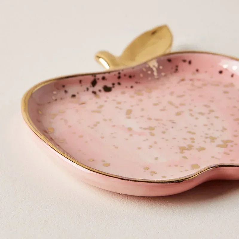 Nordic Ceramic Watermelon Shaped Small Jewelry Dish - Apple Design Earrings Necklace Ring Storage Plate Fruit Dessert Display Bo