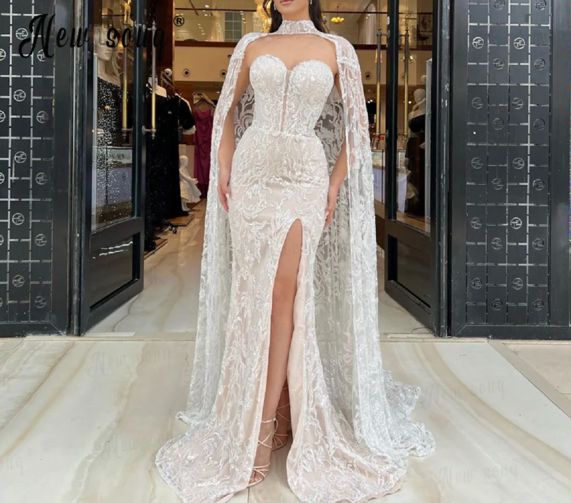 Robe de sirène champagne de Dubaï pour femmes, robe de célébrité, manches cape élégantes, perles, sur mesure, cristal, robes de soirée, robe de soirée de Rh