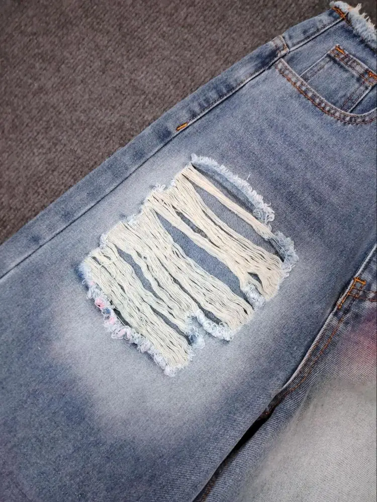 2025 nuovi jeans da donna larghi, in difficoltà, tinti in cravatta, strappati a gamba dritta, pantaloni lunghi, jeans casual
