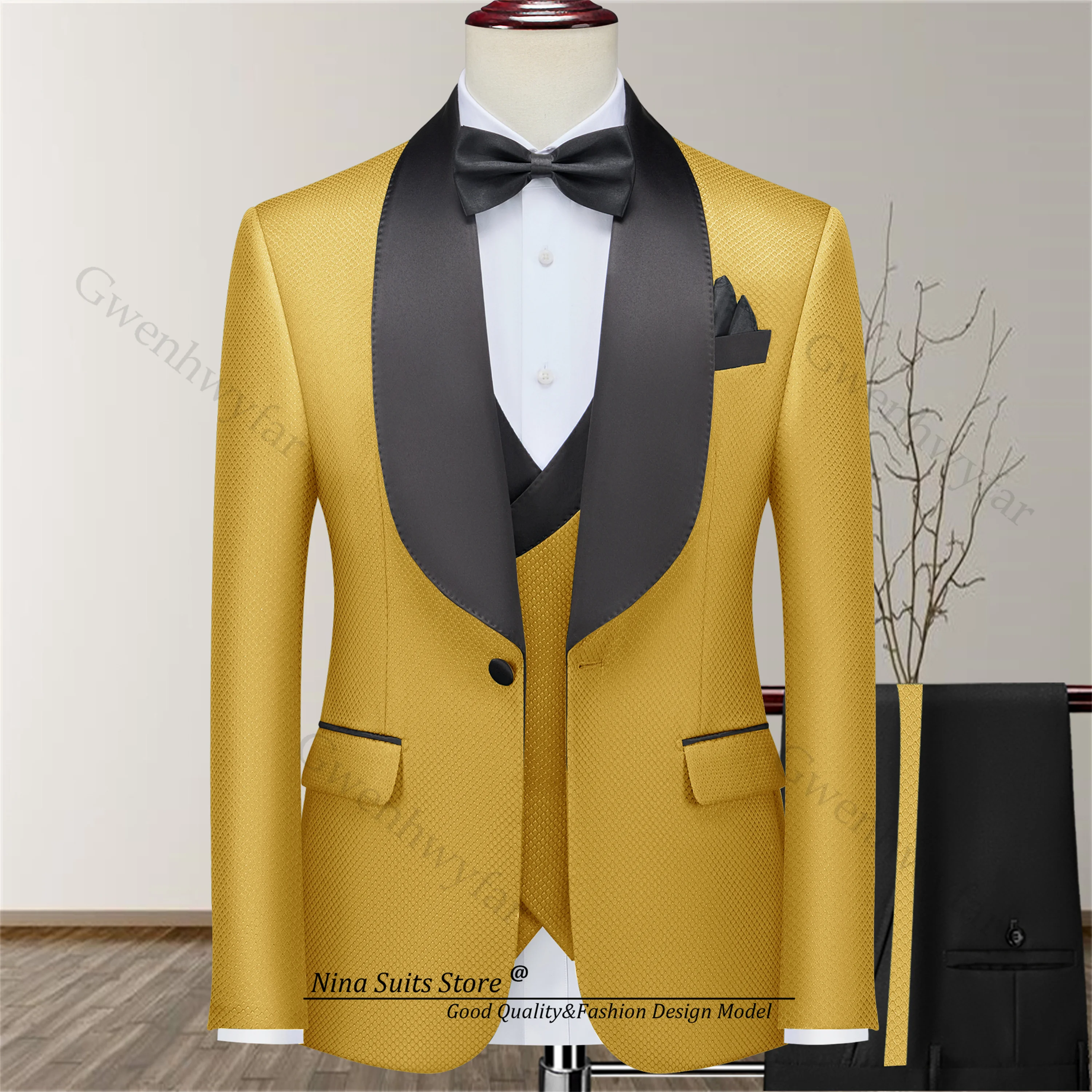 Gwenhwyfar 2026 New Men's Check Jacquard Suits Bridegroom Wedding Suit Jacket Vest Gold Yellow Wine Red Navy White Pants Black