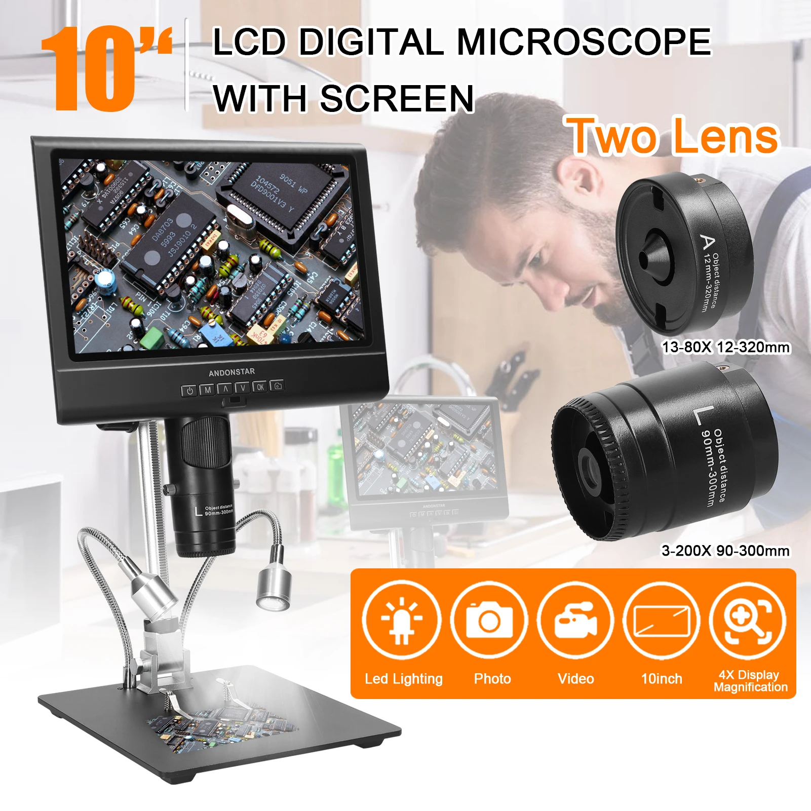 AD209 Digital Microscope for Soldering Two Lens 4X Magnification Professional Microscope 10inch LCD Display LED Lamp