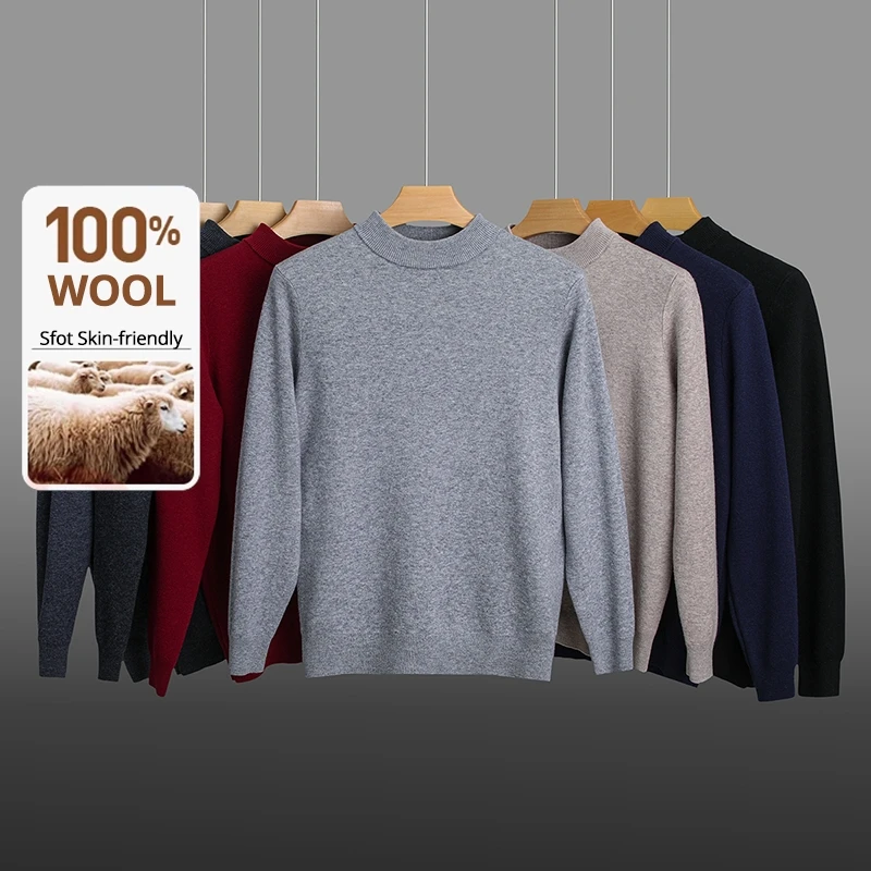 Jersey grueso de lana de 100% de gama alta para hombre, jersey de punto de marca a la moda para otoño e invierno, suéter de negocios de medio cuello alto, ropa informal para hombre
