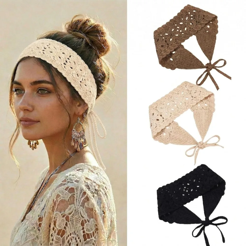 Boho Floral Headband Handmade Crochet Hair Scarf Solid Color Hollow Out Knit Hair Band