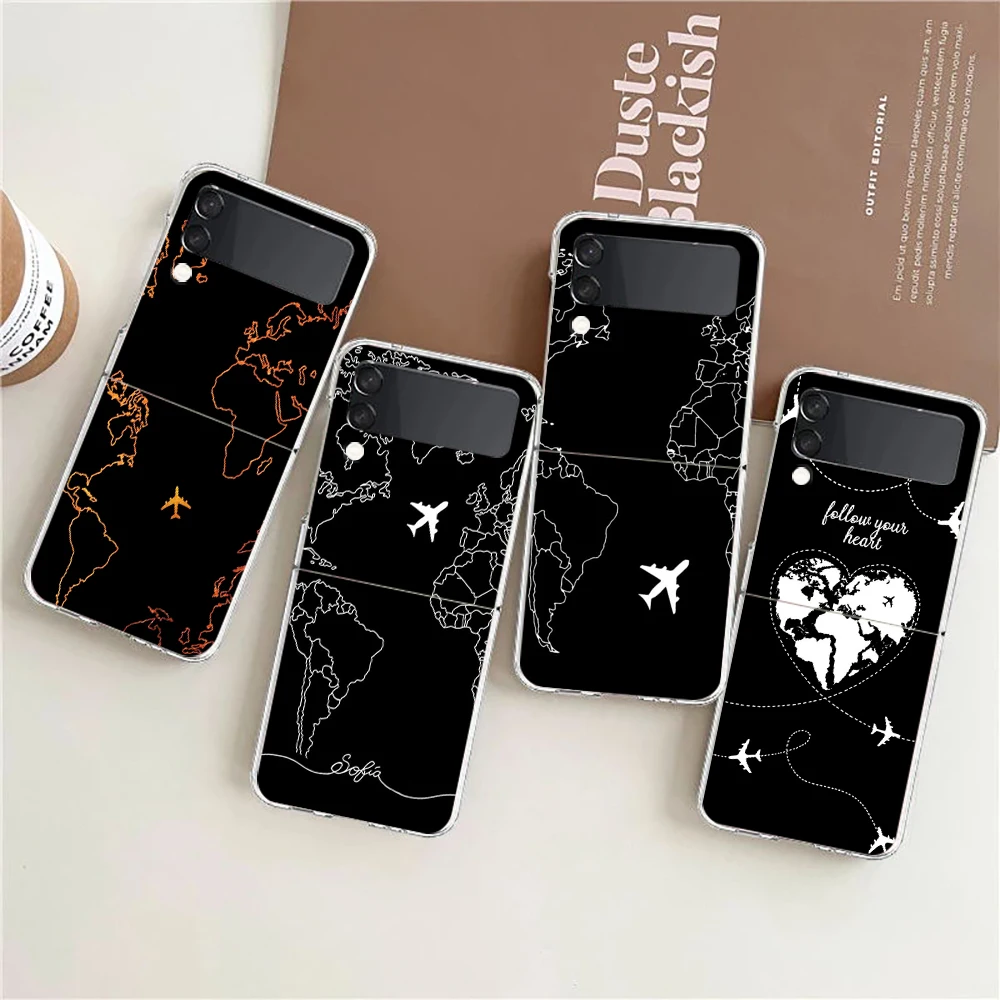 Phone Case For Samsung Galaxy Z Flip 3 4 5 Hard Folding PC Cartoon World map scenery direction For Samsung Z Flip 6 Cover