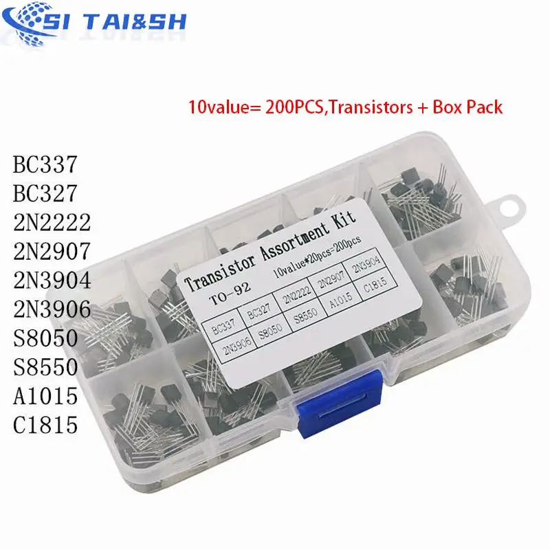 BC337 BC327 2N2222 2N2907 2N3904 2N3906 S8050 S8550 A1015 C1815 Transistor Assortment Kit 10value= 200PCS,Transistors + Box Pack