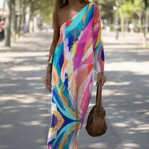 Imagen 2 del producto Vestido largo con estampado abstracto para mujer, de un hombro traje elegante, informal, a la moda, novedad