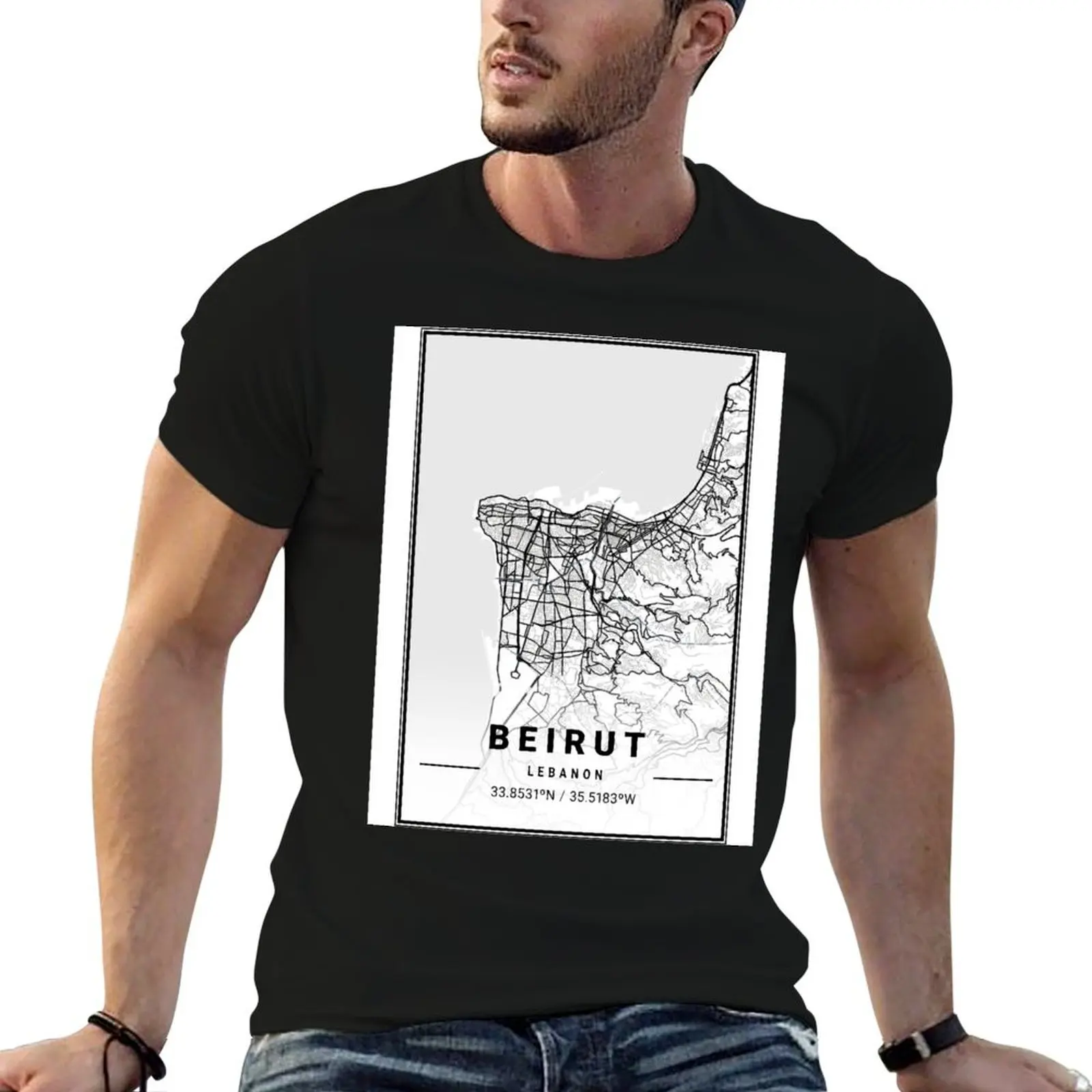 City Map of Beirut Lebanon black and white T-Shirt Work Outdoor T-Shirt for Men