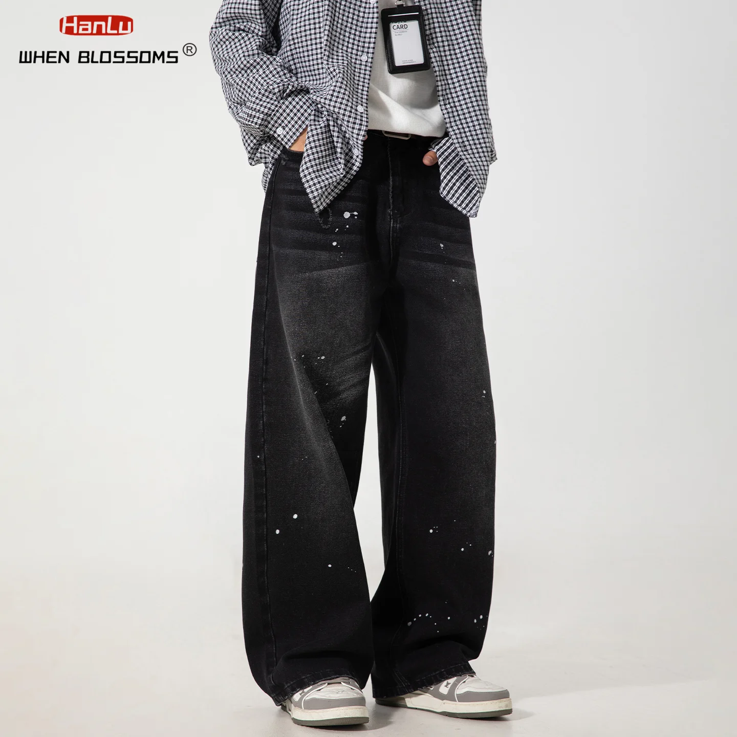 2025 masculino vintage lavado splatter jeans japonês relaxado ajuste perna reta angustiado denim calças de rua de grandes dimensões