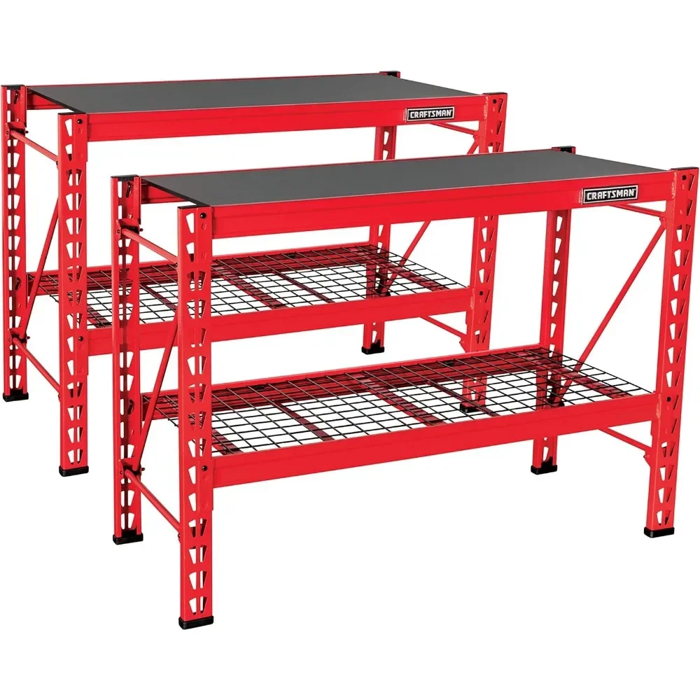 Metal Shelves, 2-Shelf 3-Foot Tall Stackable Tool Chest Depth Storage Rack, 2-Pack, Red, Garage Shelves